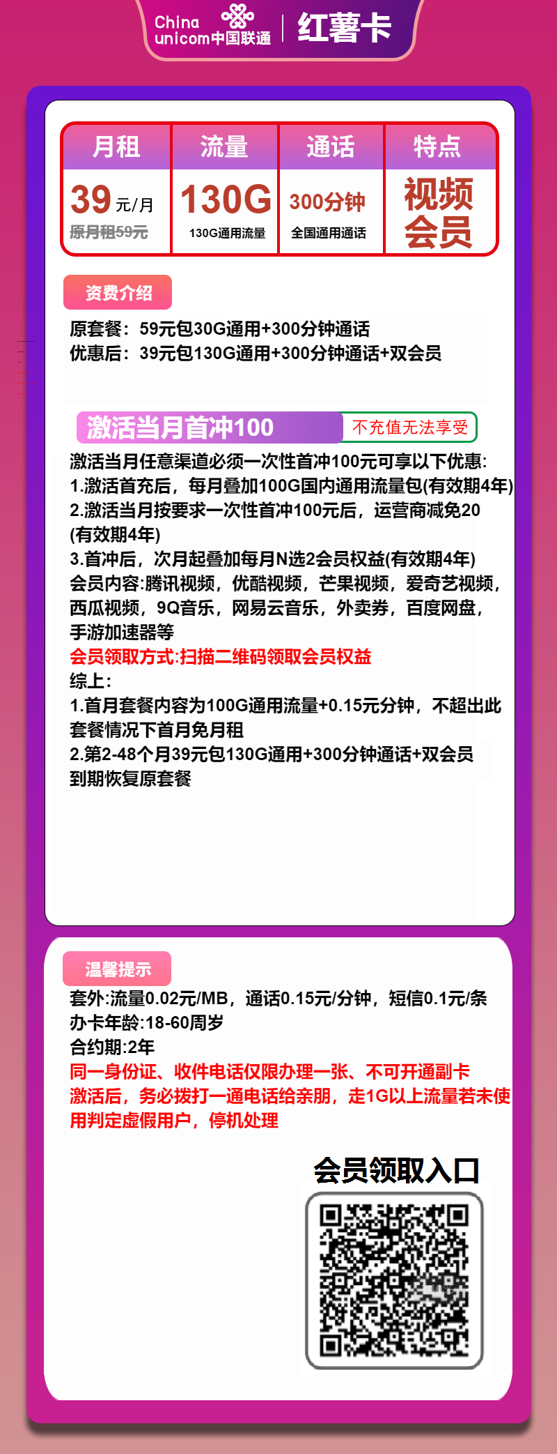 联通红薯卡①39元月包130G通用流量+300分钟通话+双会员（4年套餐，送4年双视频会员）