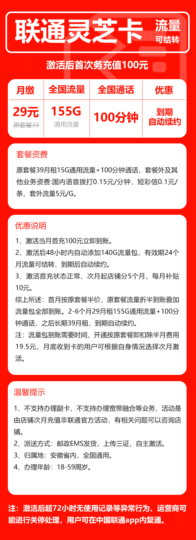 联通灵芝卡①29元月包155G通用流量+100分钟通话（第7个月起39元月租，长期套餐，流量可结转，仅发安徽省内，可选号）