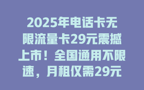 2025年电话卡无限流量卡29元震撼上市！全国通用不限速，月租仅需29元畅享极速网络！