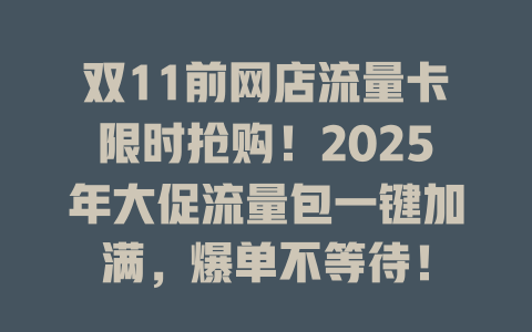 双11前网店流量卡限时抢购！2025年大促流量包一键加满，爆单不等待！