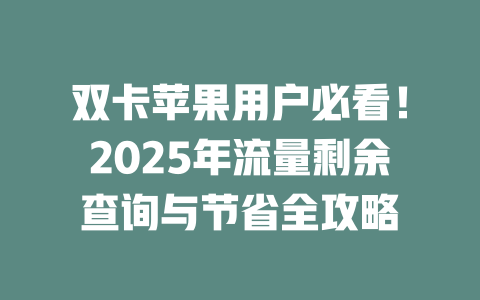 双卡苹果用户必看！2025年流量剩余查询与节省全攻略
