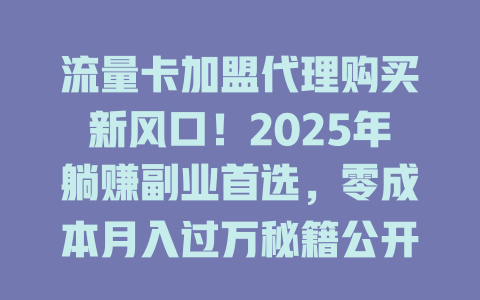 流量卡加盟代理购买新风口！2025年躺赚副业首选，零成本月入过万秘籍公开！