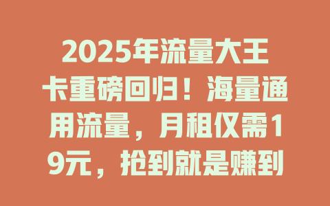 2025年流量大王卡重磅回归！海量通用流量，月租仅需19元，抢到就是赚到！
