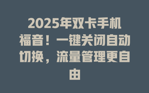 2025年双卡手机福音！一键关闭自动切换，流量管理更自由