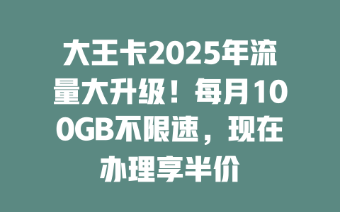 大王卡2025年流量大升级！每月100GB不限速，现在办理享半价