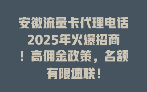 安徽流量卡代理电话2025年火爆招商！高佣金政策，名额有限速联！