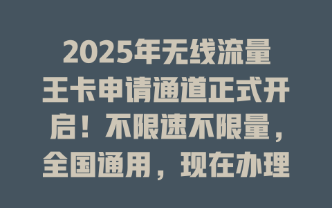 2025年无线流量王卡申请通道正式开启！不限速不限量，全国通用，现在办理享专属优惠！