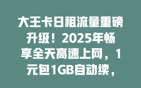 大王卡日租流量重磅升级！2025年畅享全天高速上网，1元包1GB自动续，不用不花钱！