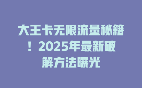 大王卡无限流量秘籍！2025年最新破解方法曝光