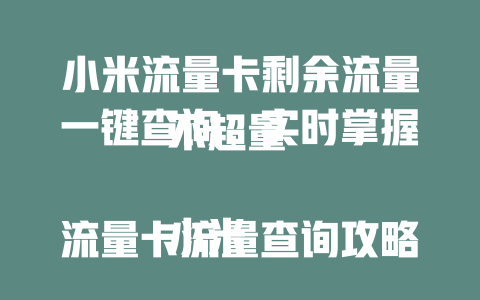 小米流量卡剩余流量一键查询，实时掌握不超量  

小米流量卡流量查询攻略，轻松管理不花冤枉钱  

2025年小米流量卡流量查询教程，三步搞定超简单  

小米流量卡流量查询神器，秒查余额不断网  

小米流量卡流量怎么查？