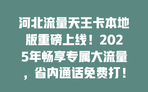 河北流量天王卡本地版重磅上线！2025年畅享专属大流量，省内通话免费打！