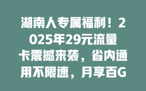 湖南人专属福利！2025年29元流量卡震撼来袭，省内通用不限速，月享百G畅快刷！