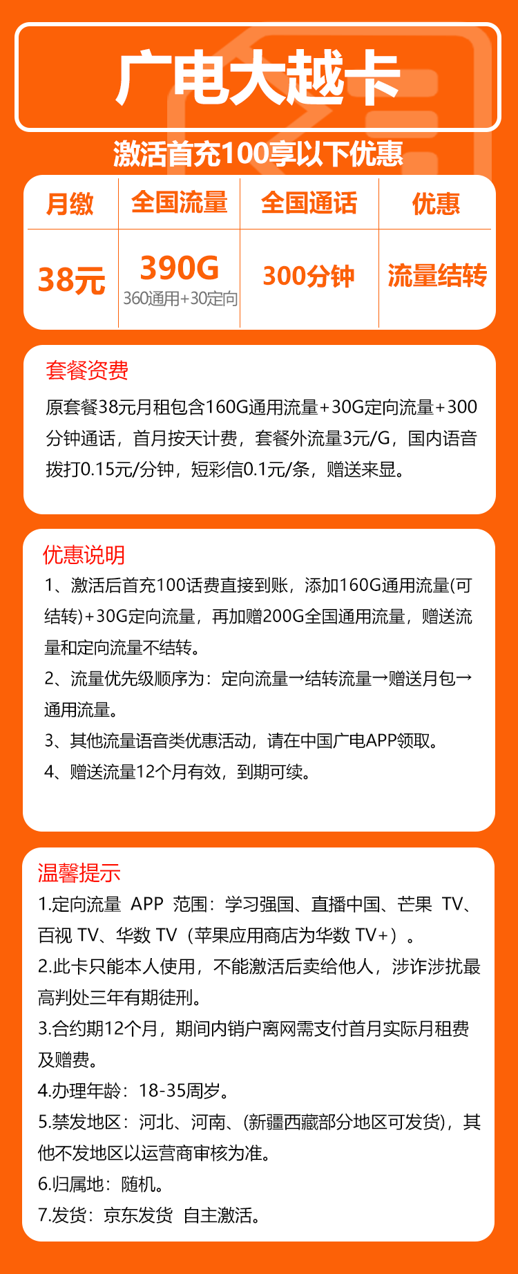 广电大越卡④38元月包360G通用流量+30G定向流量+300分钟通话（长期套餐，流量可结转）