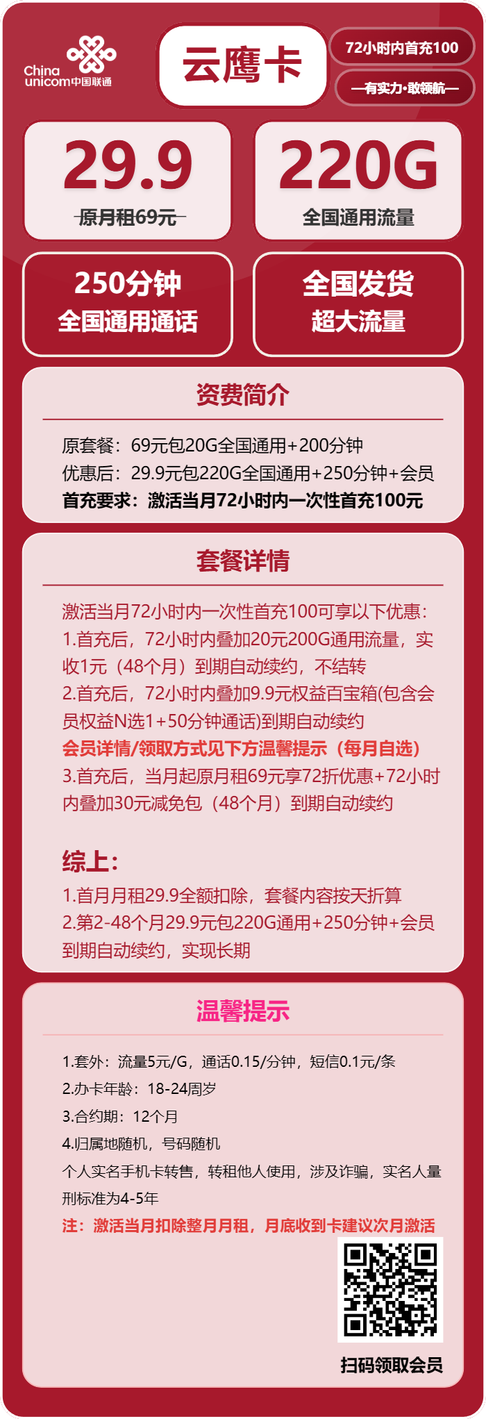 联通云鹰卡29.9元月包220G通用流量+250分钟通话+会员（长期套餐，送长期视频视频，需提供公安码）