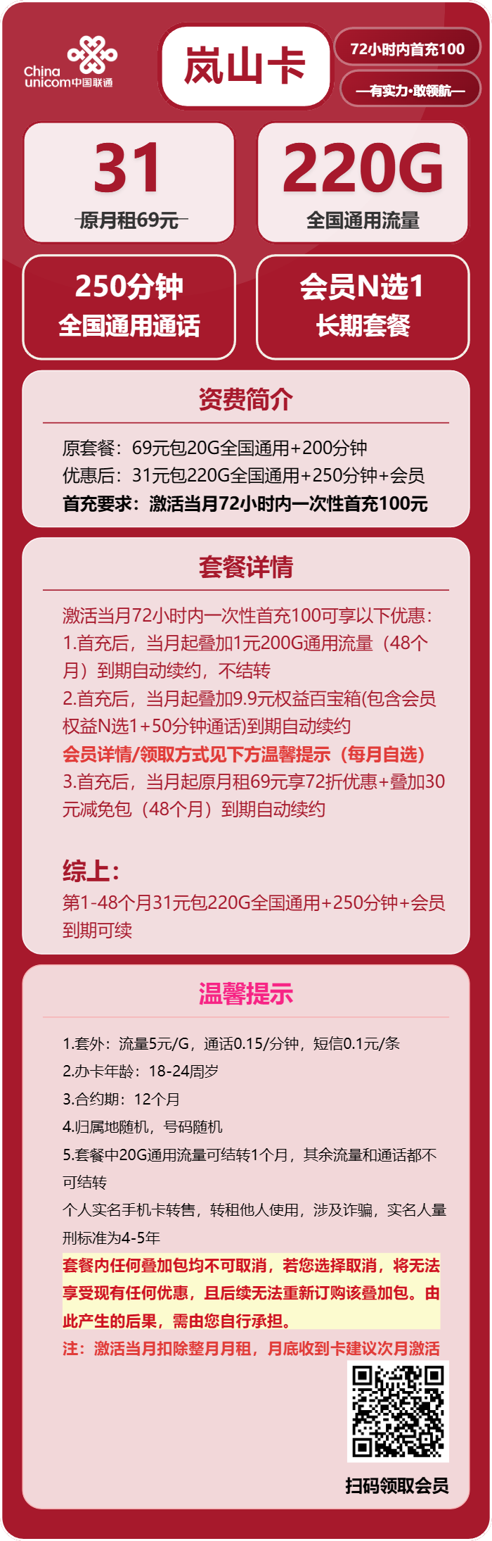联通岚山卡31元月包220G通用流量+250分钟通话+会员（长期套餐，送长期视频会员，需提供公安码）