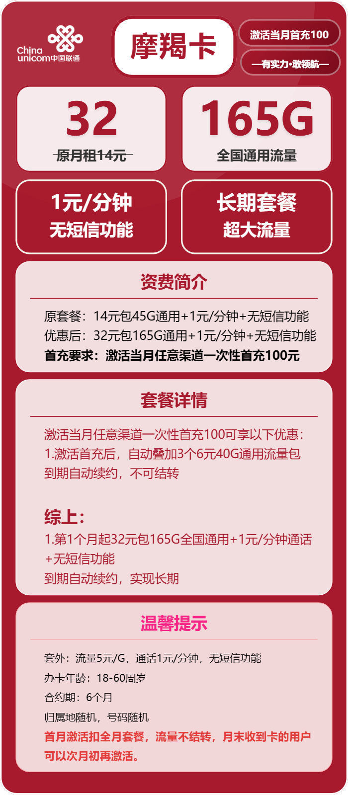 联通摩羯卡32元月包165G通用流量+通话1元/分钟（长期套餐）