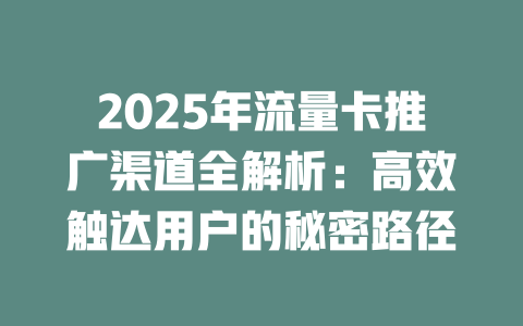 2025年流量卡推广渠道全解析：高效触达用户的秘密路径