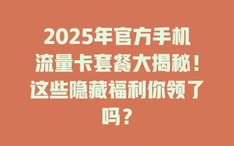 2025年官方手机流量卡套餐大揭秘！这些隐藏福利你领了吗？