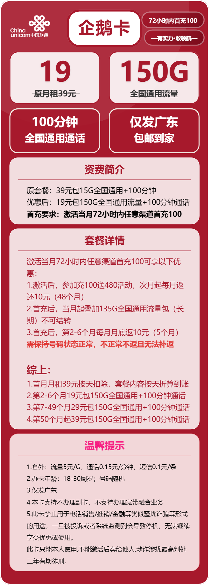 联通企鹅卡19元月包150G通用流量+100分钟通话（第7个月起29元月租，第50个月起39元月租，长期套餐，仅发广东省内）