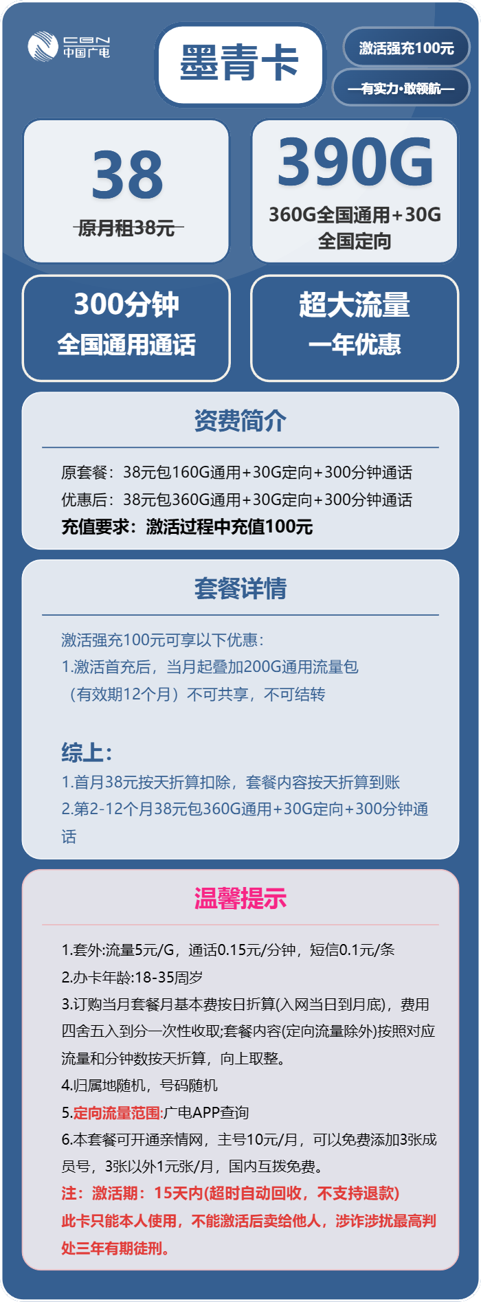 广电墨青卡38元月包360G通用流量+30G定向流量+300分钟通话