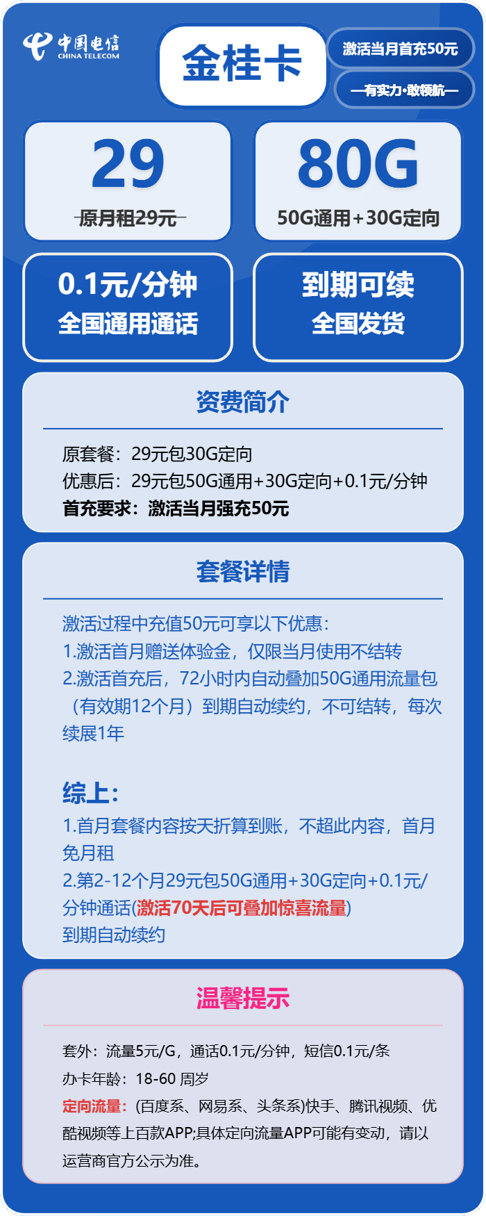 电信金桂卡29元月包50G通用流量+30G定向流量+通话0.1元/分钟（长期套餐，70天后叠加流量惊喜）