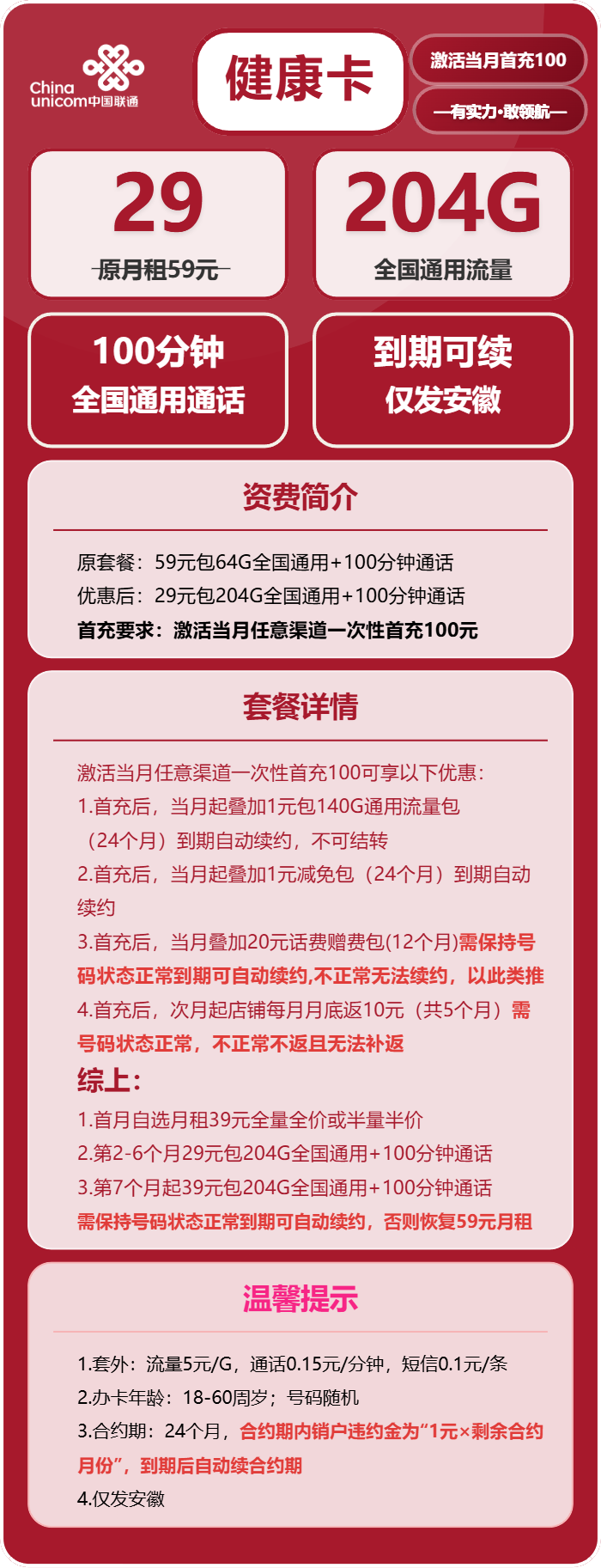 联通健康卡29元月包204G通用流量+100分钟通话（第7个月起39元月租，长期套餐，仅发安徽省内，可选号）