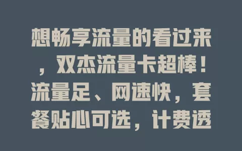 想畅享流量的看过来，双杰流量卡超棒！流量足、网速快，套餐贴心可选，计费透明，服务便捷，是上网优质之选，让你尽情享受网络精彩