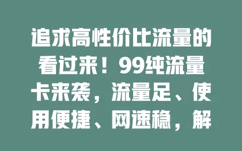 追求高性价比流量的看过来！99纯流量卡来袭，流量足、使用便捷、网速稳，解决你的流量烦恼