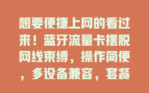 想要便捷上网的看过来！蓝牙流量卡摆脱网线束缚，操作简便，多设备兼容，套餐多样，信号稳，开启上网新体验