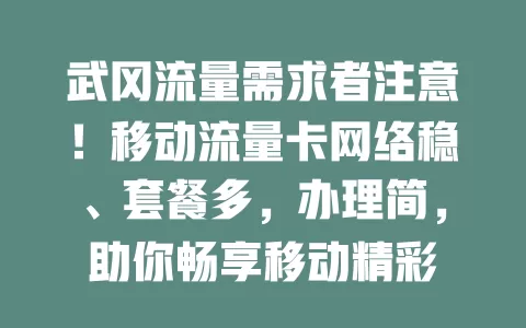 武冈流量需求者注意！移动流量卡网络稳、套餐多，办理简，助你畅享移动精彩