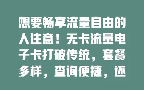 想要畅享流量自由的人注意！无卡流量电子卡打破传统，套餐多样，查询便捷，还能随时调，出差旅行超方便，告别繁琐流量管理