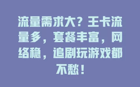 流量需求大？王卡流量多，套餐丰富，网络稳，追剧玩游戏都不愁！