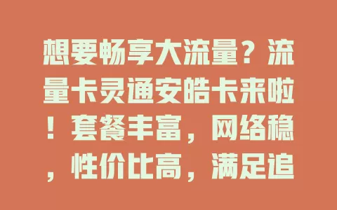 想要畅享大流量？流量卡灵通安皓卡来啦！套餐丰富，网络稳，性价比高，满足追剧、办公需求，告别流量烦恼
