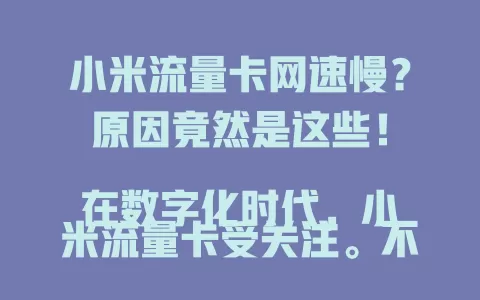 小米流量卡网速慢？原因竟然是这些！

在数字化时代，小米流量卡受关注。不少用户反馈其网速慢，原因有网络覆盖、设备性能、流量套餐等。还有解决办法，排查因素并采取措施，能让网速恢复正常，畅享流畅体验。