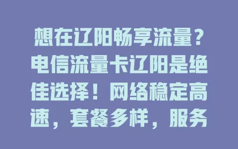 想在辽阳畅享流量？电信流量卡辽阳是绝佳选择！网络稳定高速，套餐多样，服务优质，无论在哪都能畅享网络，让生活工作更便捷精彩