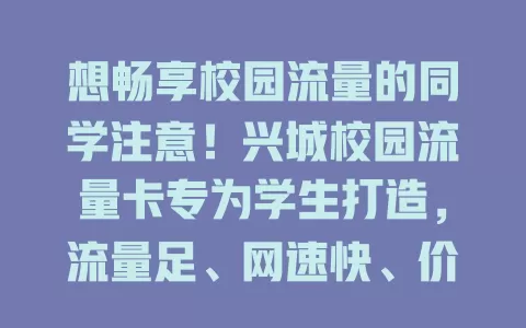 想畅享校园流量的同学注意！兴城校园流量卡专为学生打造，流量足、网速快、价格亲民，助你探索校园网络精彩，告别流量烦恼
