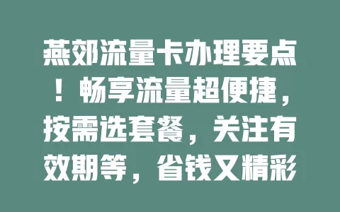 燕郊流量卡办理要点！畅享流量超便捷，按需选套餐，关注有效期等，省钱又精彩