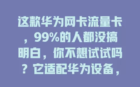 这款华为网卡流量卡，99%的人都没搞明白，你不想试试吗？它适配华为设备，兼容性超棒，流量套餐灵活，网络速度快又稳，稳定性极高，是网络连接优质之选，能让你畅享数字生活！