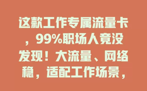 这款工作专属流量卡，99%职场人竟没发现！大流量、网络稳，适配工作场景，外出办公也不愁，套餐灵活省费用，助你高效办公！