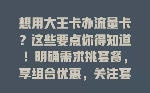 想用大王卡办流量卡？这些要点你得知道！明确需求挑套餐，享组合优惠，关注套餐内容与费用，选对规划好，手机使用更便利实惠