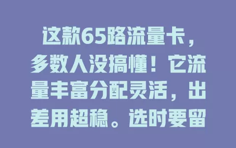 这款65路流量卡，多数人没搞懂！它流量丰富分配灵活，出差用超稳。选时要留意套餐和设备兼容，了解特点要点，看看是否适合你，开启便捷上网之旅
