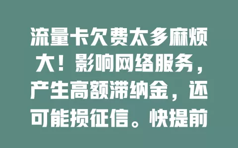 流量卡欠费太多麻烦大！影响网络服务，产生高额滞纳金，还可能损征信。快提前了解流量，合理规划，避免欠费，保障手机使用与自身权益