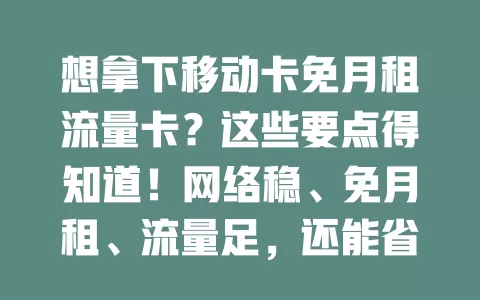 想拿下移动卡免月租流量卡？这些要点得知道！网络稳、免月租、流量足，还能省开支，多种套餐可选，使用有技巧，性价比超高，快来体验！