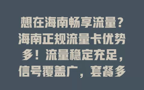 想在海南畅享流量？海南正规流量卡优势多！流量稳定充足，信号覆盖广，套餐多样，办理简便，有它如配网络助手，让你在海南尽情享受便利与乐趣