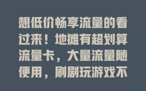 想低价畅享流量的看过来！地摊有超划算流量卡，大量流量随便用，刷剧玩游戏不愁，现场了解优势，告别高额费用，开启流量自由新时代！