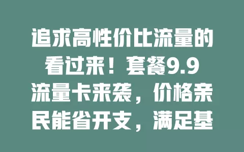 追求高性价比流量的看过来！套餐9.9流量卡来袭，价格亲民能省开支，满足基本需求，办理使用便捷，选时留意规则有效期，是经济实惠的流量解决方案
