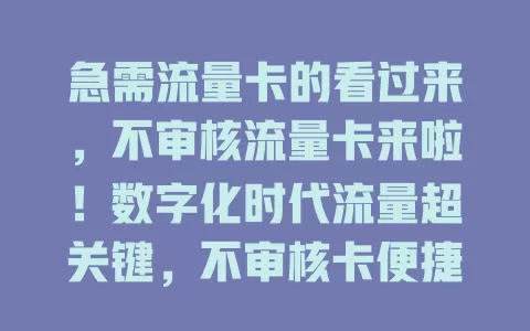 急需流量卡的看过来，不审核流量卡来啦！数字化时代流量超关键，不审核卡便捷，急需时秒满足，费用灵活，网络速度棒，打破束缚，快摆脱繁琐审核，试试它有惊喜