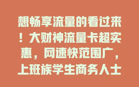 想畅享流量的看过来！大财神流量卡超实惠，网速快范围广，上班族学生商务人士都适用，是流量需求者的理想之选