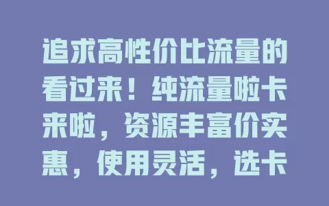追求高性价比流量的看过来！纯流量啦卡来啦，资源丰富价实惠，使用灵活，选卡留意规定，流量大户别错过！