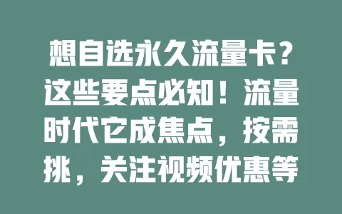想自选永久流量卡？这些要点必知！流量时代它成焦点，按需挑，关注视频优惠等，综合考量运营商各方面，依自身选适合的，让上网更便捷高效